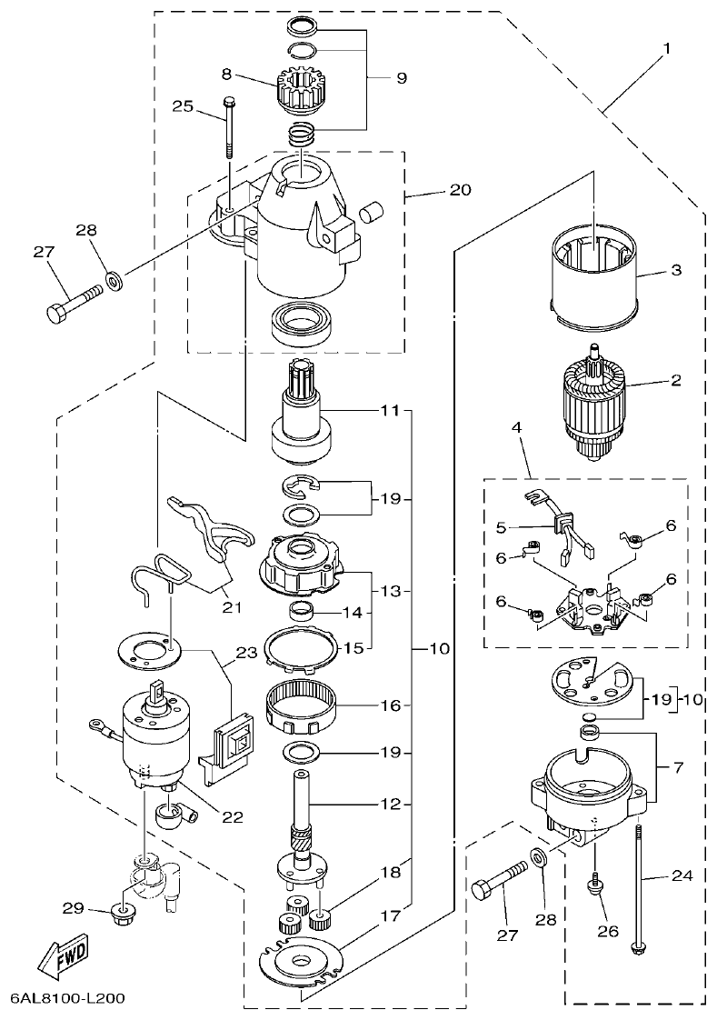 Yamaha F200CET, F225BET, FL200CET, FL225BET STARTING MOTOR parts diagram